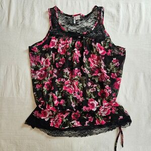 Lilly Lou Floral Sheer Lace Trim Dark Romantic Feminine Tank Top Black Pink XL